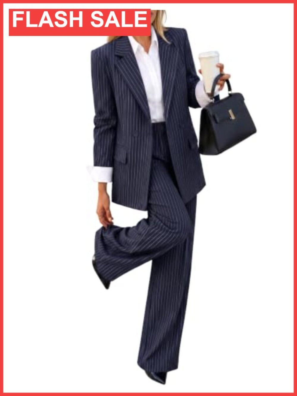 Striped 2 Piece Suit Set Blazer Wide Leg Pants Business Casual